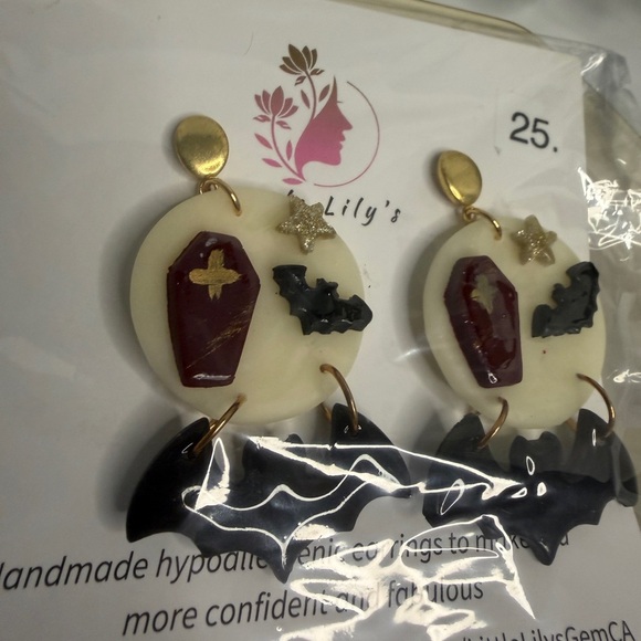 Halloween Black and Gold Bat Earrings - Picture 2 of 7